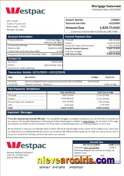 Australia Westpac bank mortgage statement